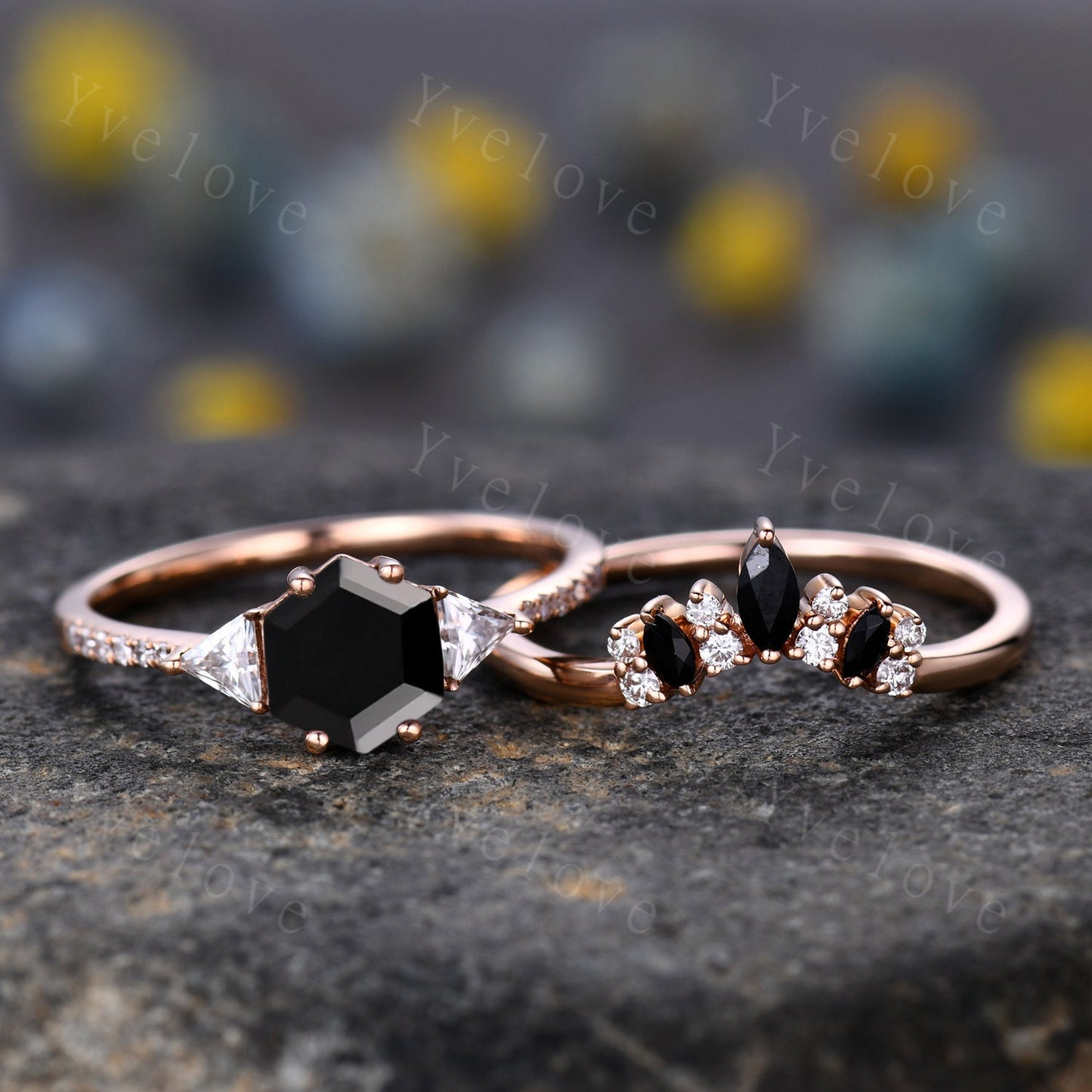 Hexagon Cut Black Onyx Engagement Ring,Vingate Bridal Ring Set,Three Stone Engagement Ring,Women Anniversary Birthday Gift for Her