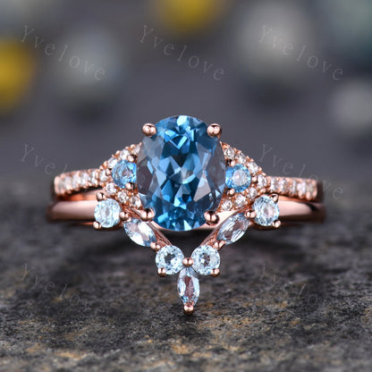 London Blue Topaz Engagement Ring Set,Women Rose Gold Ring,Oval Cut Bridal Set,Art Deco Stacking Band Unique Curved Wedding Band, Handmade