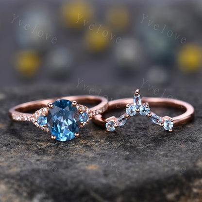 London Blue Topaz Engagement Ring Set,Women Rose Gold Ring,Oval Cut Bridal Set,Art Deco Stacking Band Unique Curved Wedding Band, Handmade