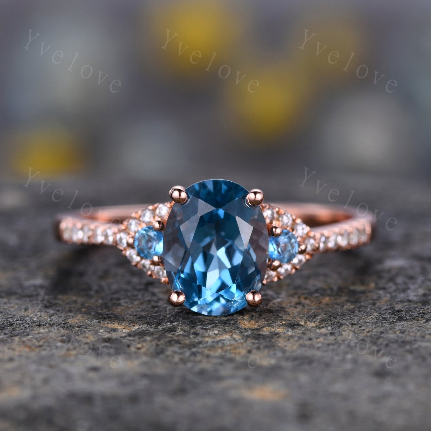 London Blue Topaz Engagement Ring Set,Women Rose Gold Ring,Oval Cut Bridal Set,Art Deco Stacking Band Unique Curved Wedding Band, Handmade