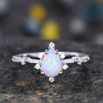 Pear Opal Ring White Fire Opal,Engagement Ring Set,Pear Opal Bridal Set,Moissanite Half Eternity Band,14K White Gold,Opal October Birthstone