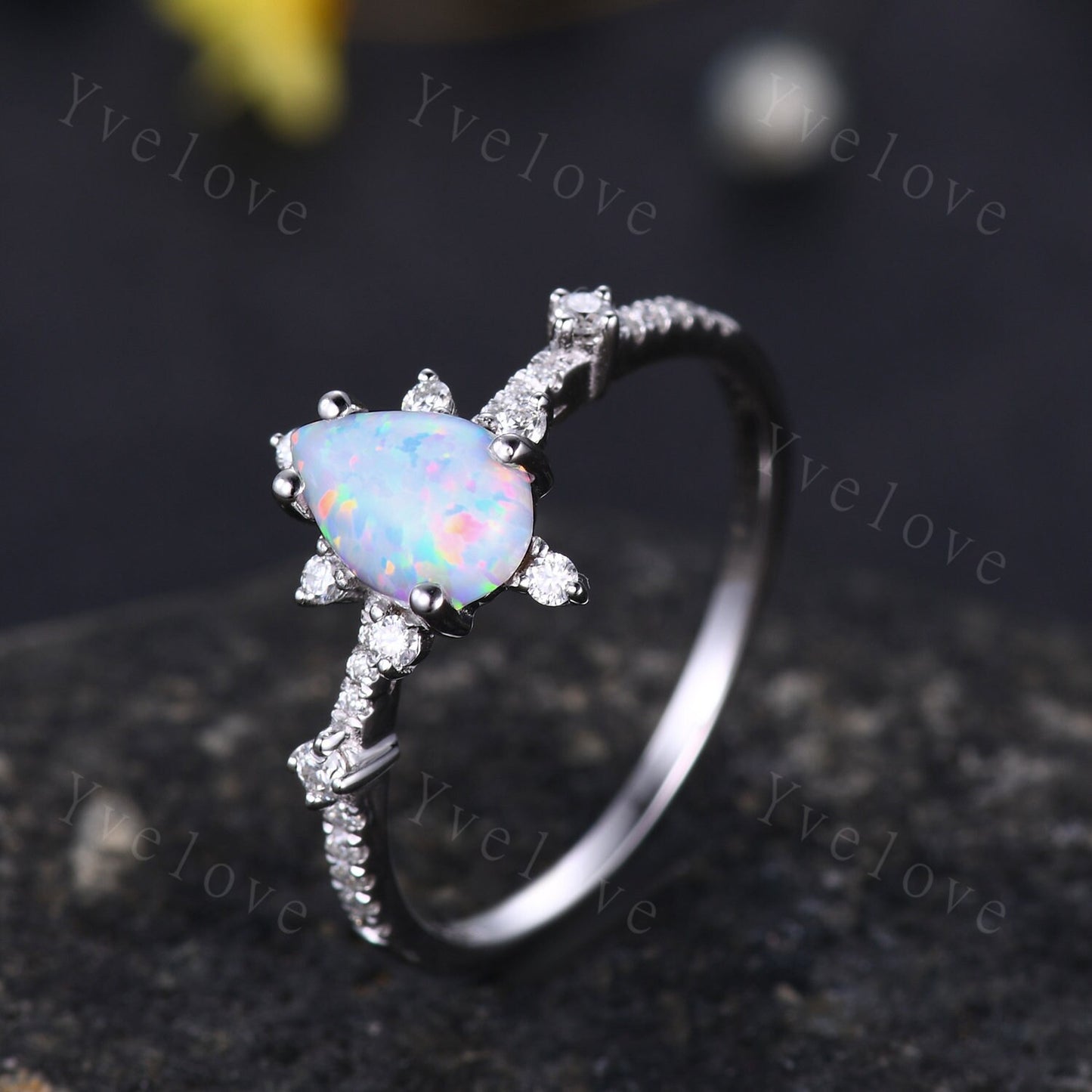 Natural Opal Ring,Pear Opal Engagement Ring ,Vintage Opal Bridal Ring,White Gold Opal Wedding Ring,Art Deco Moissanite Unique Promise Ring