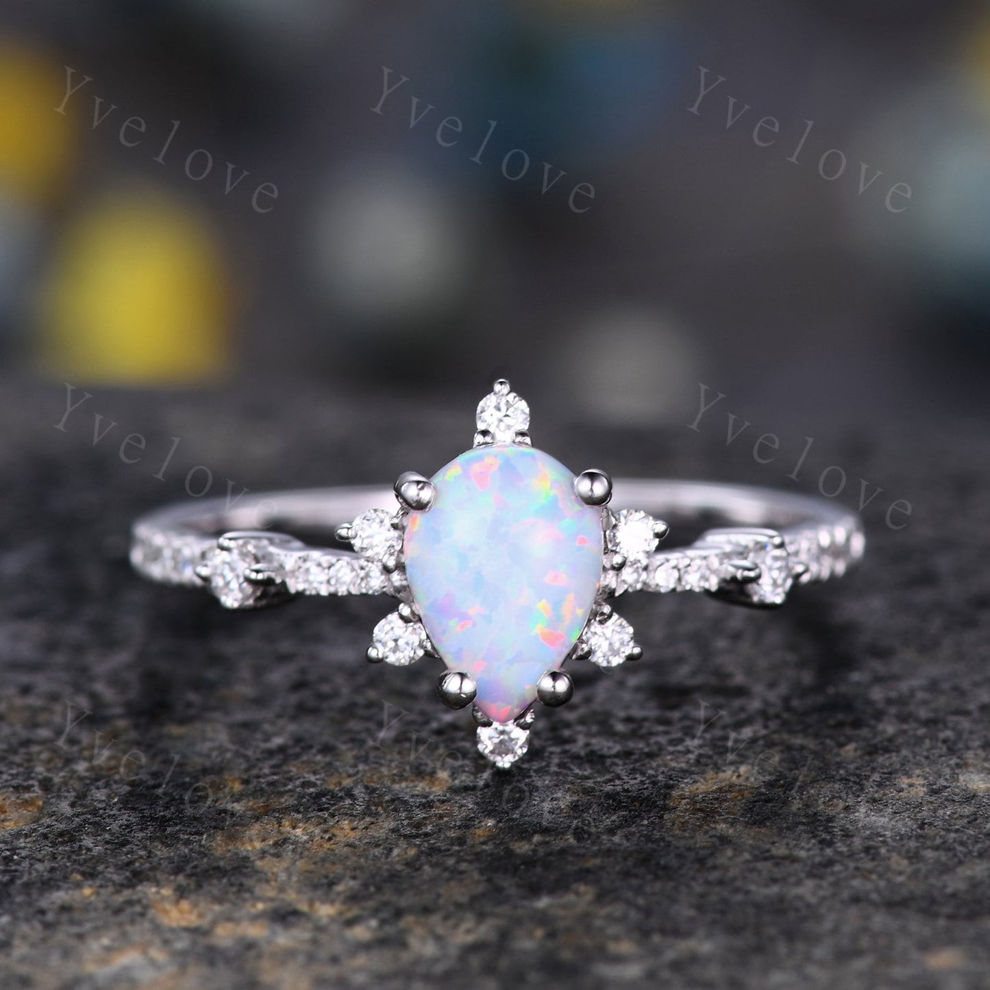 Natural Opal Ring,Pear Opal Engagement Ring ,Vintage Opal Bridal Ring,White Gold Opal Wedding Ring,Art Deco Moissanite Unique Promise Ring