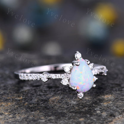 Natural Opal Ring,Pear Opal Engagement Ring ,Vintage Opal Bridal Ring,White Gold Opal Wedding Ring,Art Deco Moissanite Unique Promise Ring