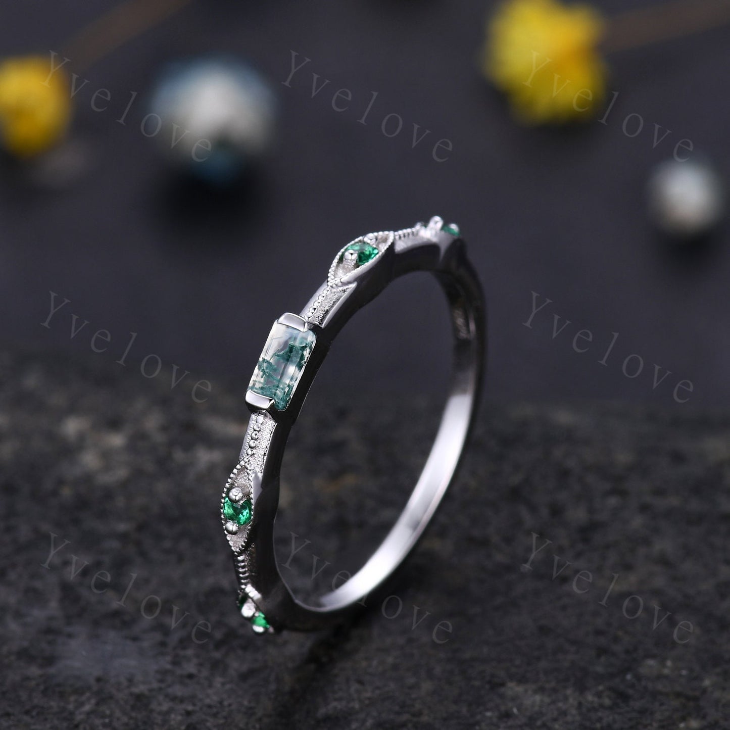 Baguette moss agate ring green agate engagement ring emerald wedding band women retro milgrain stacking matching band white gold custom ring