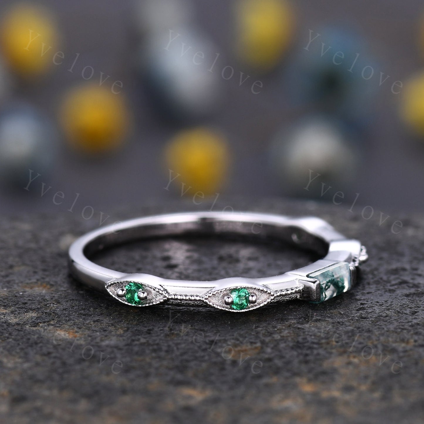 Baguette moss agate ring green agate engagement ring emerald wedding band women retro milgrain stacking matching band white gold custom ring