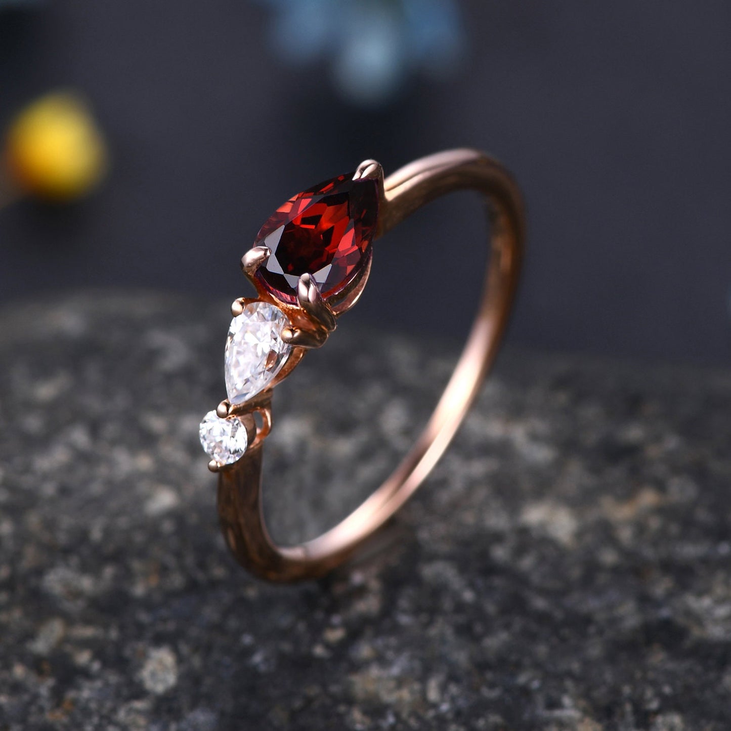 Vintage Red Garnet Engagement Ring,Pear Cut Gems,Art Deco Moissanite Wedding Band,3 Stone Unique Women Bridal Promise Ring,Rose gold ring