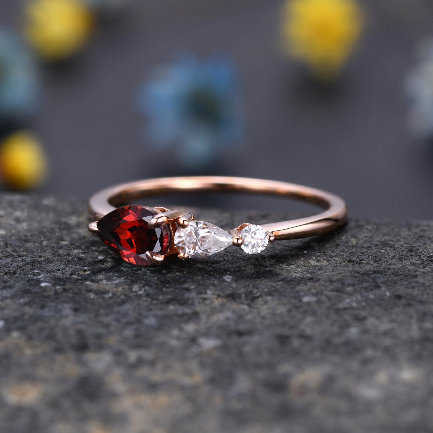 Vintage Red Garnet Engagement Ring,Pear Cut Gems,Art Deco Moissanite Wedding Band,3 Stone Unique Women Bridal Promise Ring,Rose gold ring