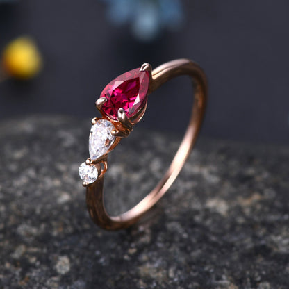 Vintage Red Ruby Ring Engagement Ring,Pear Cut Gems,Art Deco Moissanite Wedding Band,3 Stone Unique Women Bridal Promise Ring,Rose gold