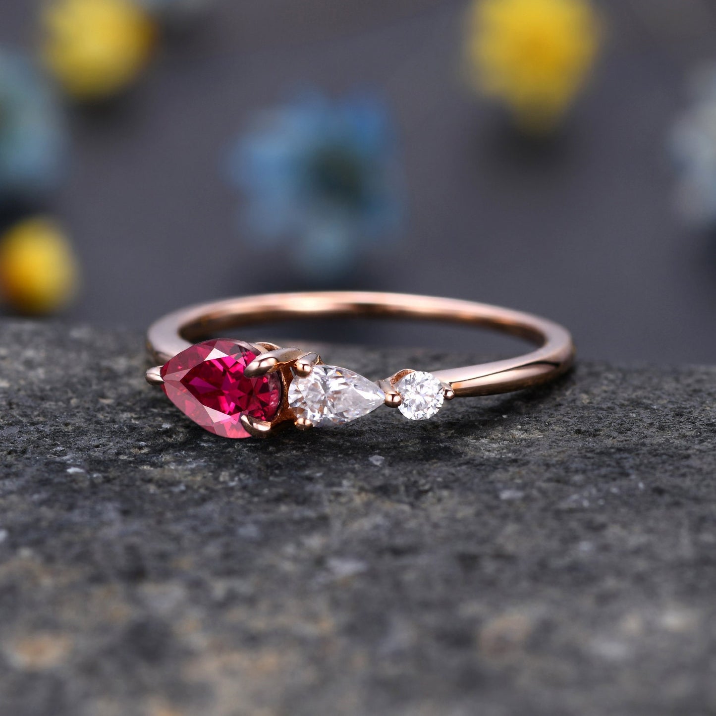 Vintage Red Ruby Ring Engagement Ring,Pear Cut Gems,Art Deco Moissanite Wedding Band,3 Stone Unique Women Bridal Promise Ring,Rose gold