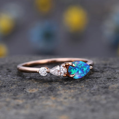 Vintage Black Opal Ring Engagement Ring,Pear Cut Gems,Art Deco Moissanite Wedding Band,3 Stone Unique Women Bridal Promise Ring,14kRose gold