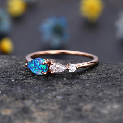 Vintage Black Opal Ring Engagement Ring,Pear Cut Gems,Art Deco Moissanite Wedding Band,3 Stone Unique Women Bridal Promise Ring,14kRose gold