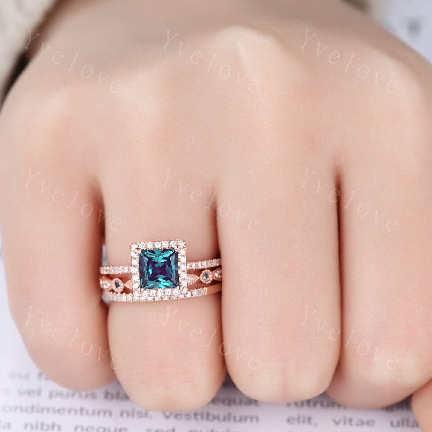 3PCS Vintage Princess Cut Alexandrite Engagement Ring,Alexandrite ring,Moissanite Ring Set,Bridal Wedding Ring Set,Women Rose Gold Ring Gift