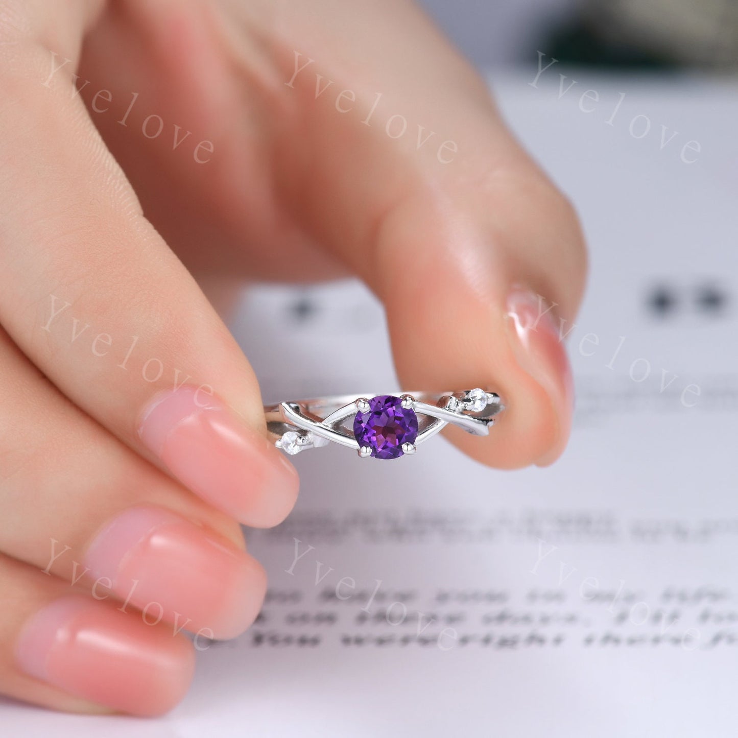 Unique 5mm Amethyst Engagement Ring Set,Vintage Diamond Ring Set,Branch Ring,Sterling Sliver,Twisted Ring Promise Bridal Set,Women Ring Gift