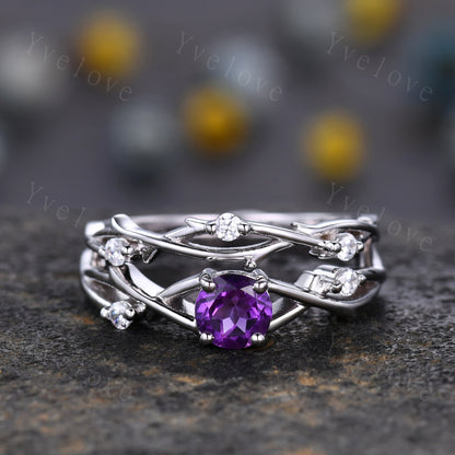 Unique 5mm Amethyst Engagement Ring Set,Vintage Diamond Ring Set,Branch Ring,Sterling Sliver,Twisted Ring Promise Bridal Set,Women Ring Gift