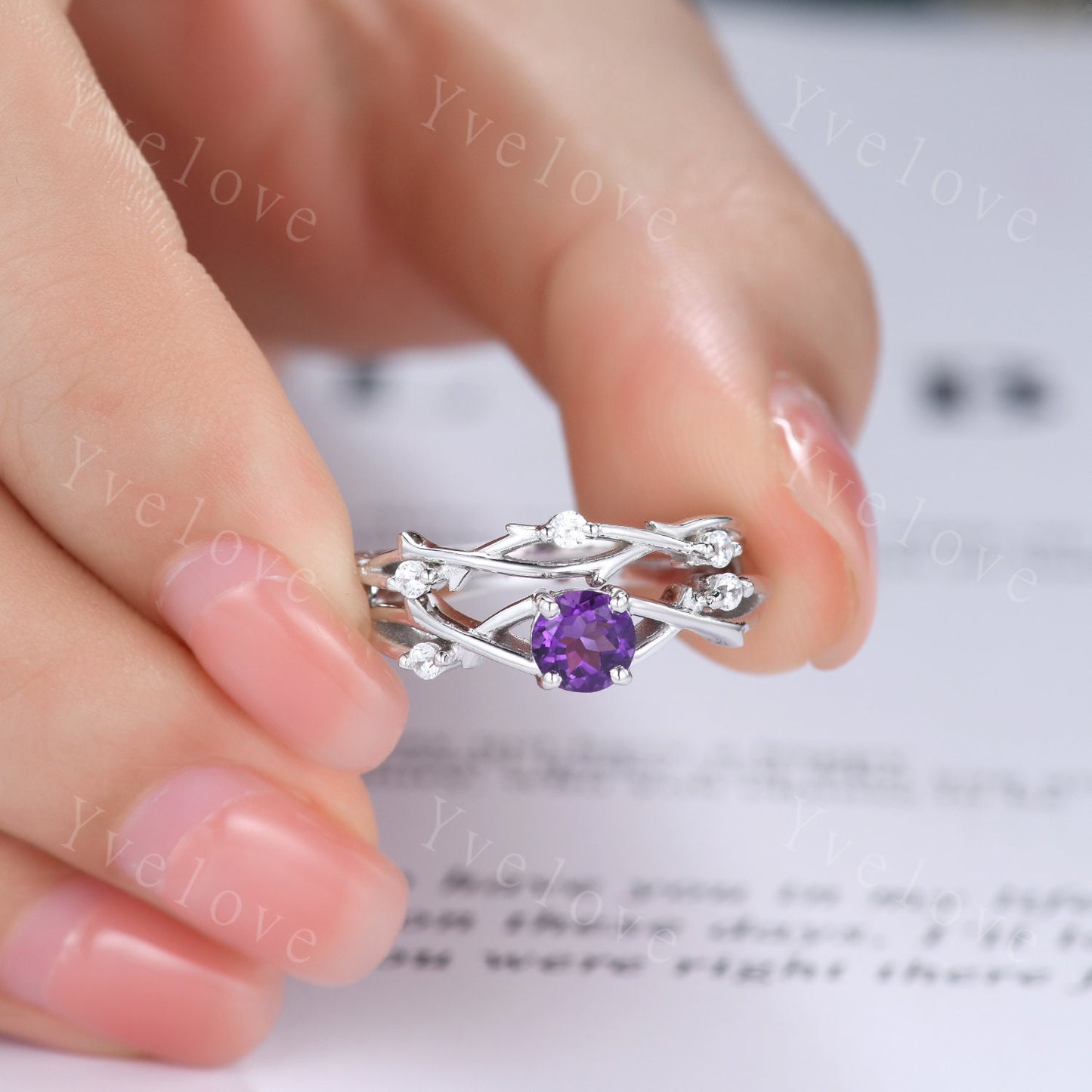 Unique 5mm Amethyst Engagement Ring Set,Vintage Diamond Ring Set,Branch Ring,Sterling Sliver,Twisted Ring Promise Bridal Set,Women Ring Gift