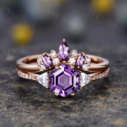 Retro Hexagon Cut Purple Amethyst Engagement Ring,Vingate Bridal Ring,925 Silver,Gothic Ring,Anniversary Wedding Ring Birthday Gift for Her