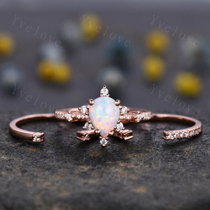 3PC Vintage white opal engagement ring set,Pear shape ring,rose gold moissanite ring,art deco open gap band promise unique anniversary ring