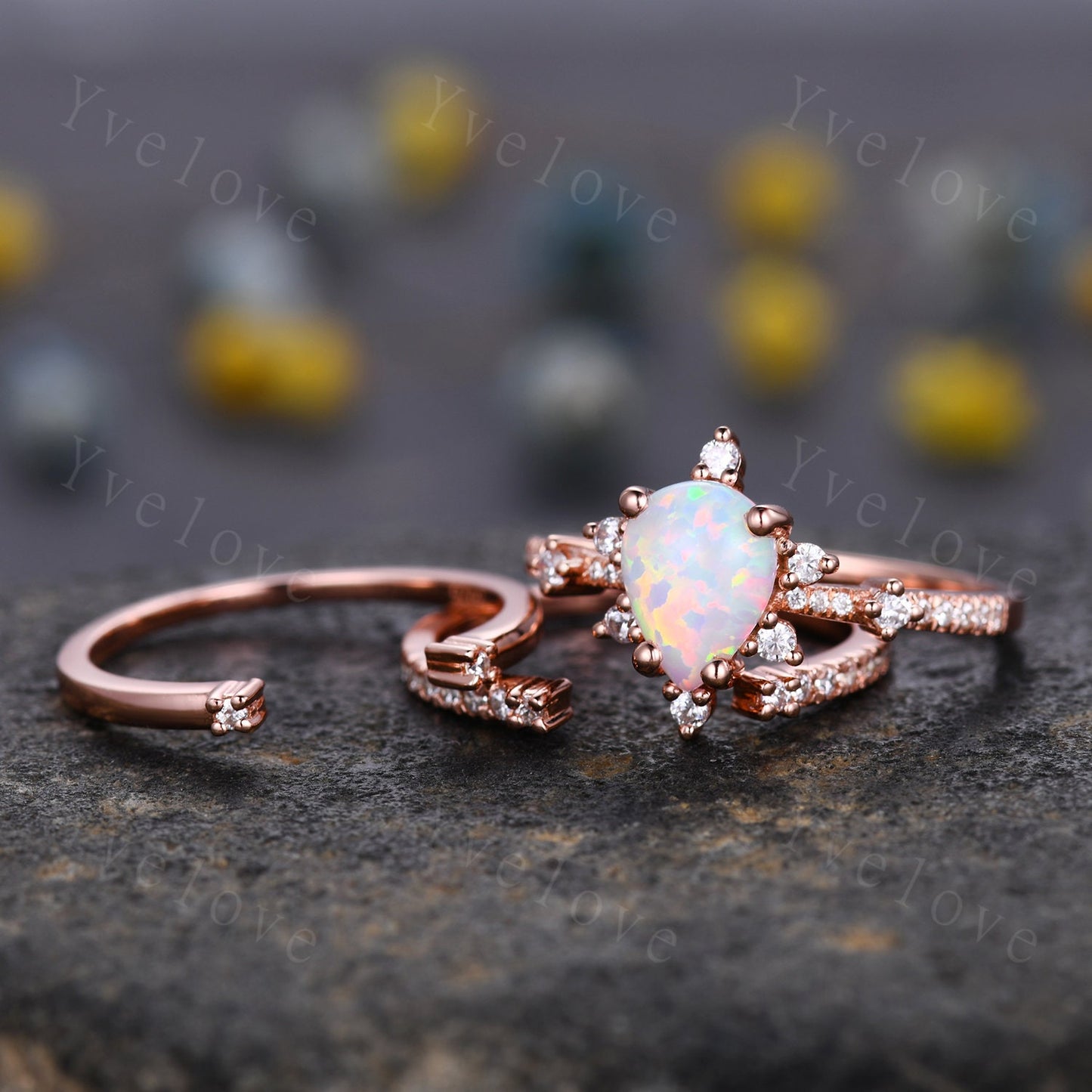 3PC Vintage white opal engagement ring set,Pear shape ring,rose gold moissanite ring,art deco open gap band promise unique anniversary ring