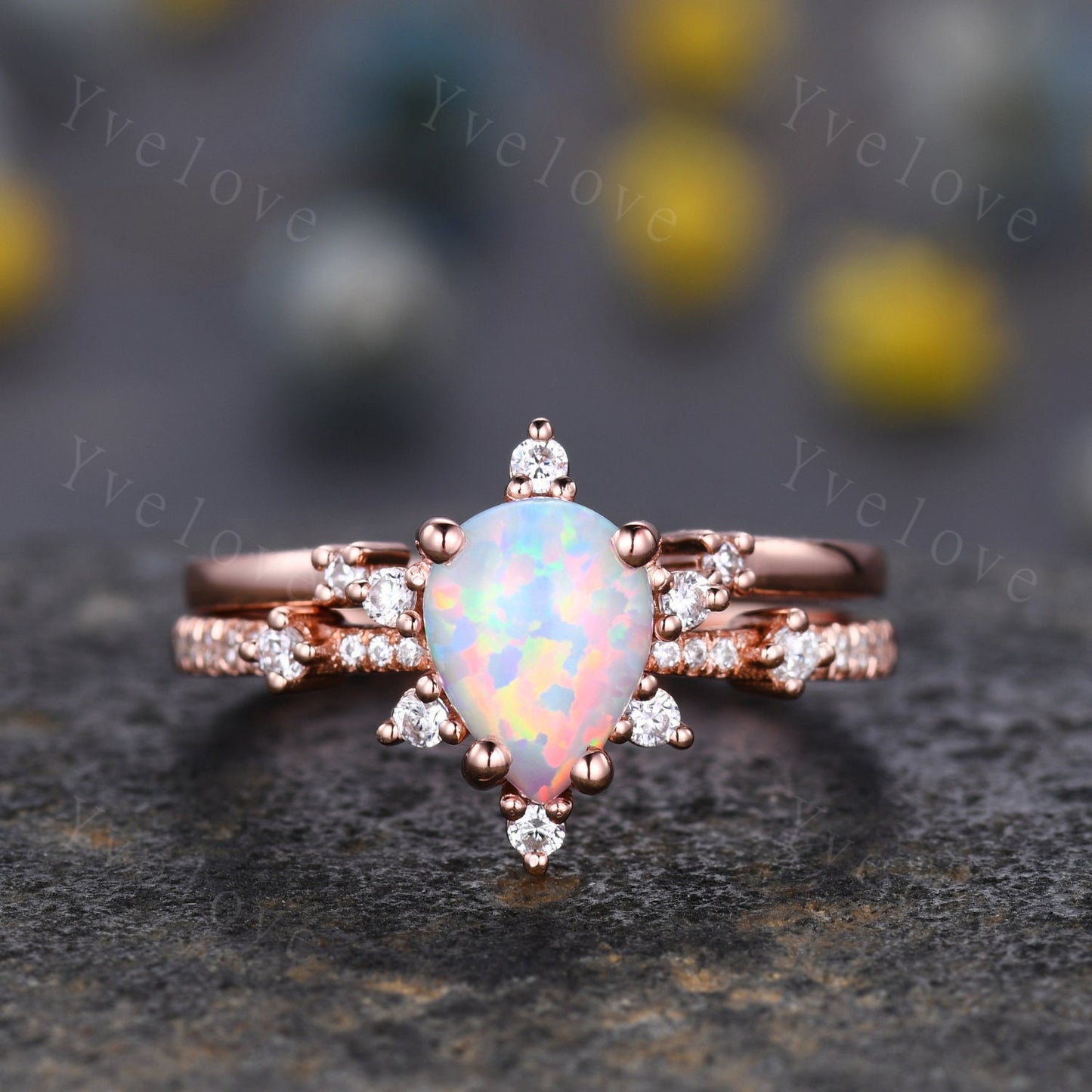 3PC Vintage white opal engagement ring set,Pear shape ring,rose gold moissanite ring,art deco open gap band promise unique anniversary ring