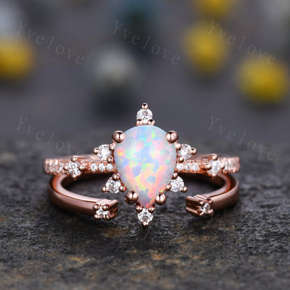 Vintage white opal engagement ring set,Pear shape opal ring,rose gold moissanite ring,art deco open gap band promise unique anniversary ring