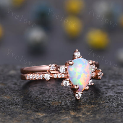 Vintage white opal engagement ring set,Pear shape opal ring,rose gold moissanite ring,art deco open gap band promise unique anniversary ring