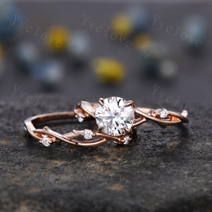 1.2ct Vintage Moissanite Engagement Ring Set,Twisted Ring Set,Leaf and Vines Moissanite Bridal Set,Branch Ring,Danity Twig Diamond Ring Set