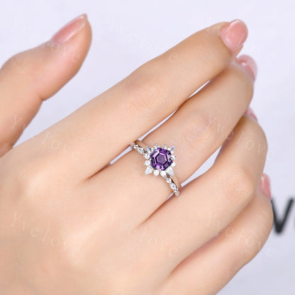 Natural Amethyst Engagement Ring Set,Vingate Moissanite Band,White Gold Ring,Women Stacking Matching Wedding Band Promise Ring Gift For Her