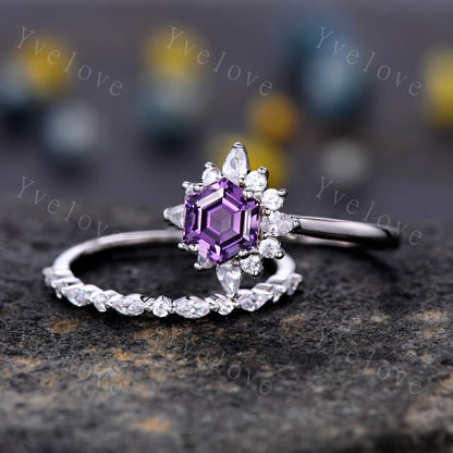 Natural Amethyst Engagement Ring Set,Vingate Moissanite Band,White Gold Ring,Women Stacking Matching Wedding Band Promise Ring Gift For Her