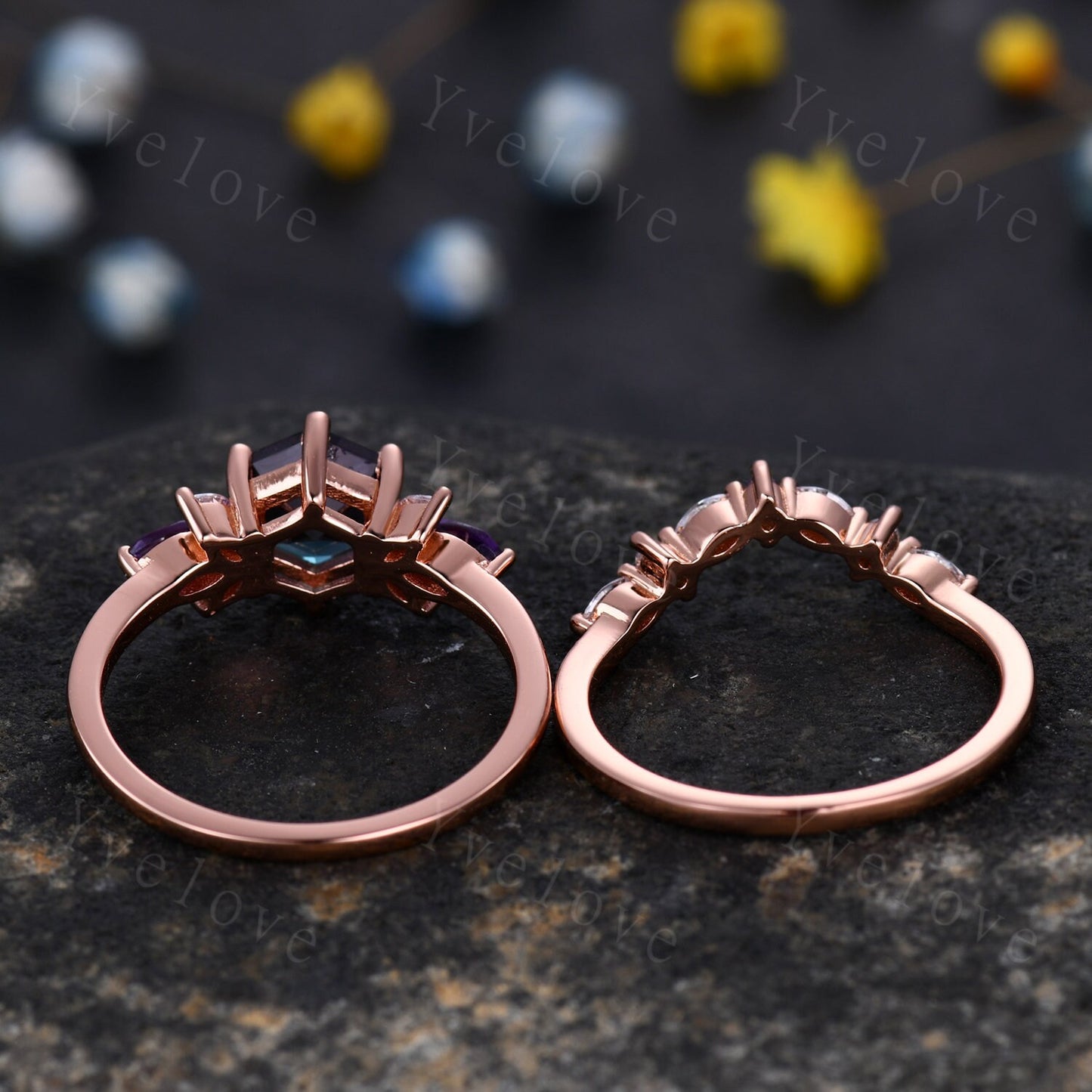 Vintage Hexagon Cut Amethyst Engagement Ring Rose Gold Women Moissanite Amethyst Gem Matching Band Promise Bridal Stacking Ring Set Gift