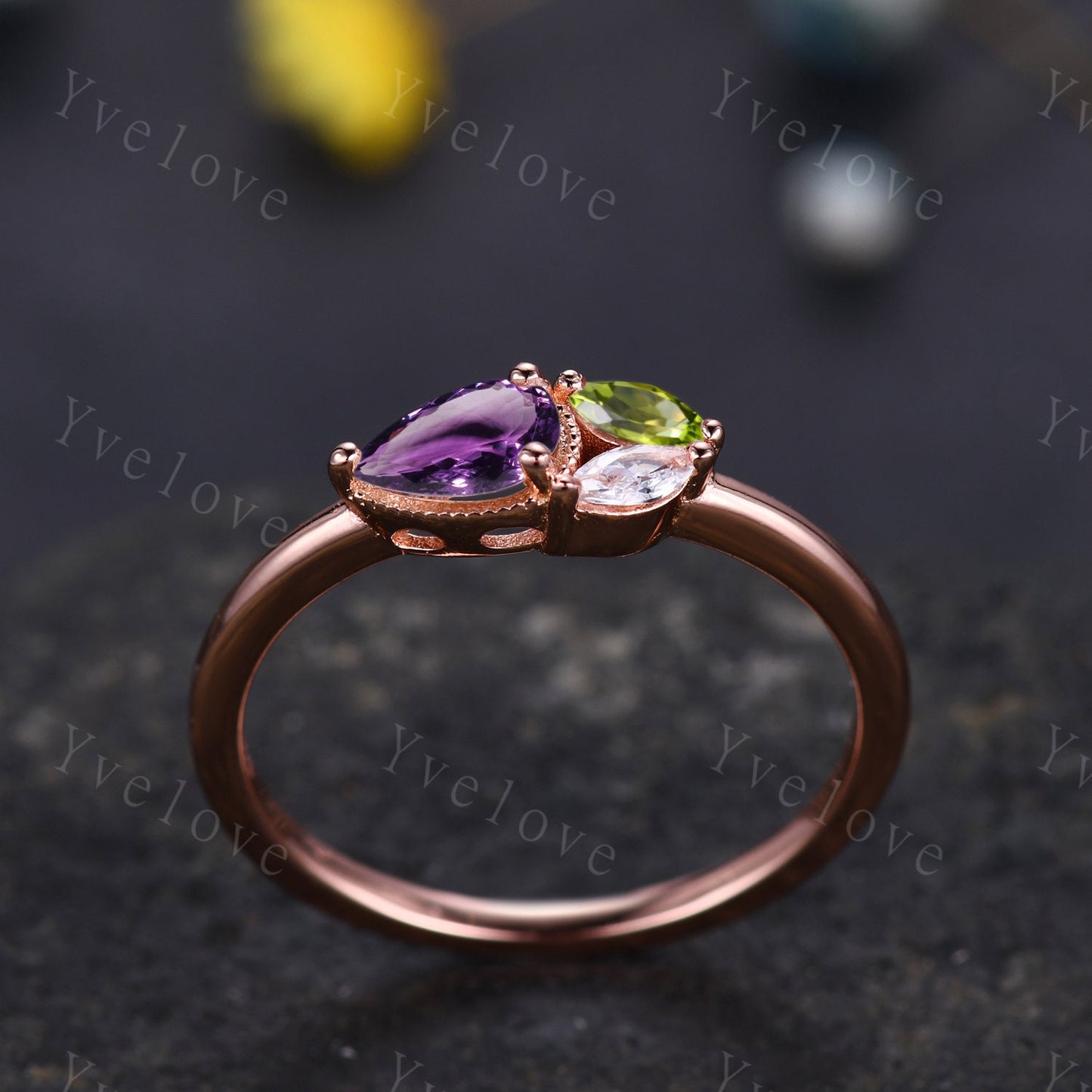 Minimalist Amethyst Engagement Ring,Pear Cut Gem,Art Deco Peridot Moissanite Wedding Band,3 Stone Unique Women Bridal Leaf Cluster Ring Gift