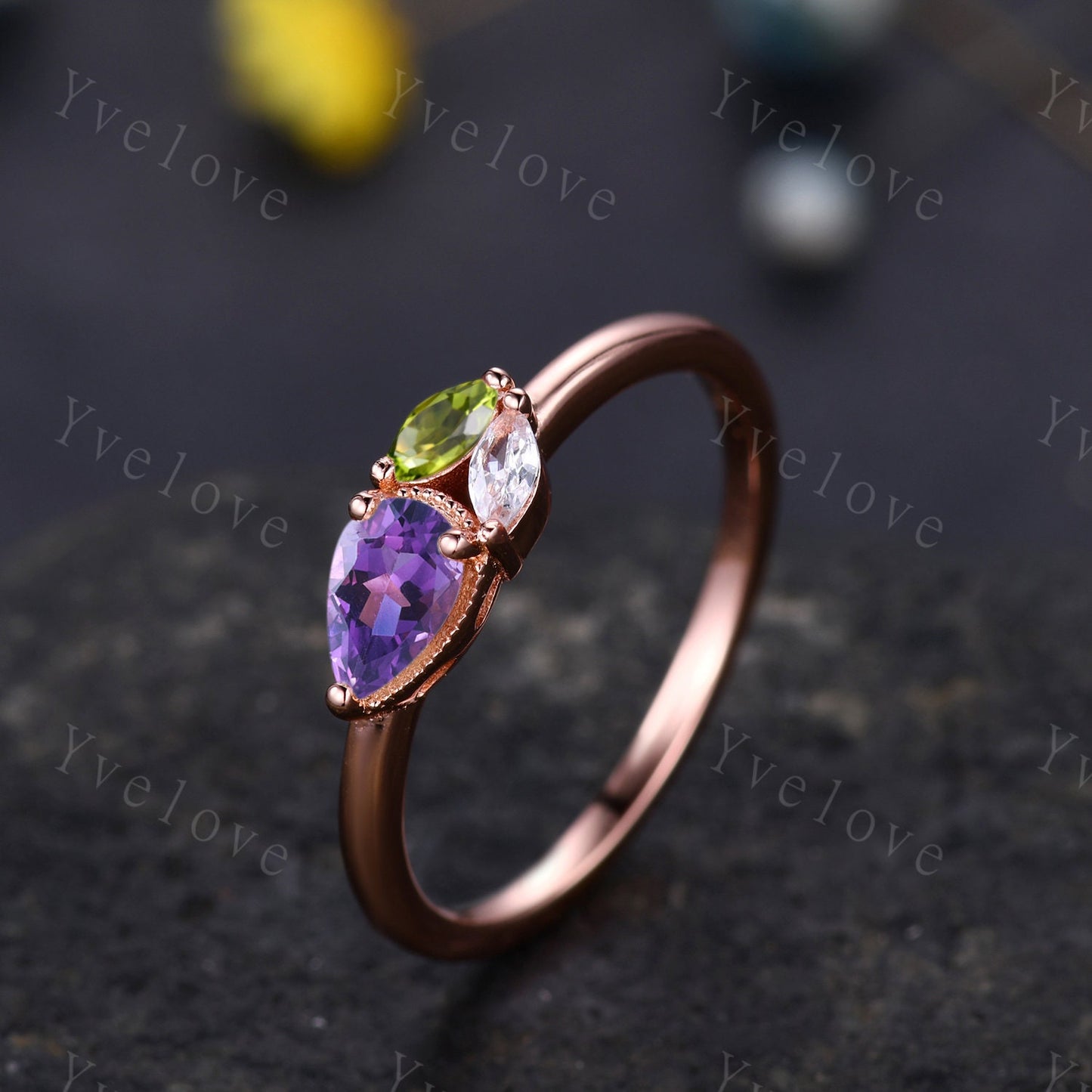 Minimalist Amethyst Engagement Ring,Pear Cut Gem,Art Deco Peridot Moissanite Wedding Band,3 Stone Unique Women Bridal Leaf Cluster Ring Gift