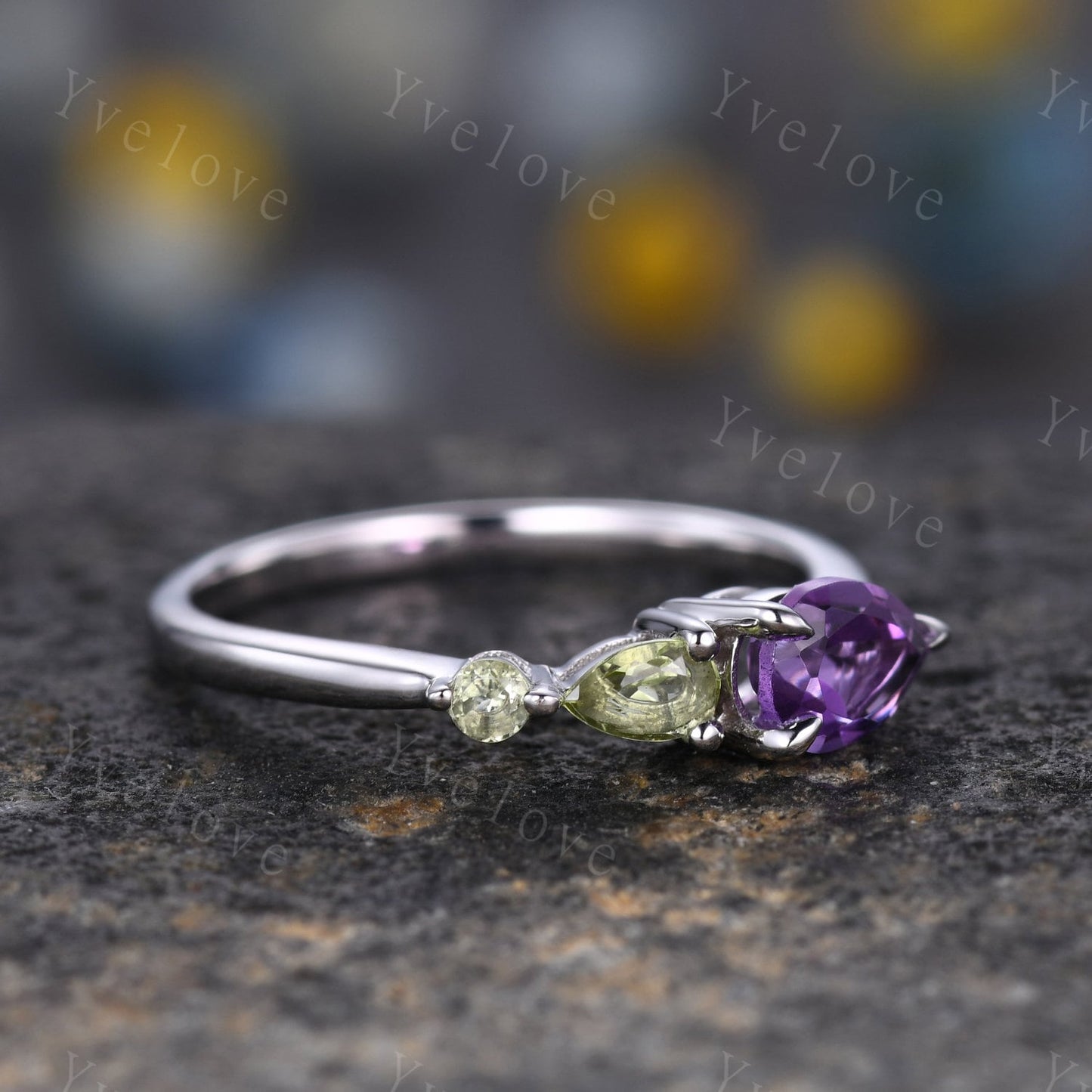 Vintage Amethyst Peridot Engagement Ring,Pear Cut Gems,Art Deco Peridot Wedding Band,3 Stone Unique Women Bridal Promise Ring,Customized