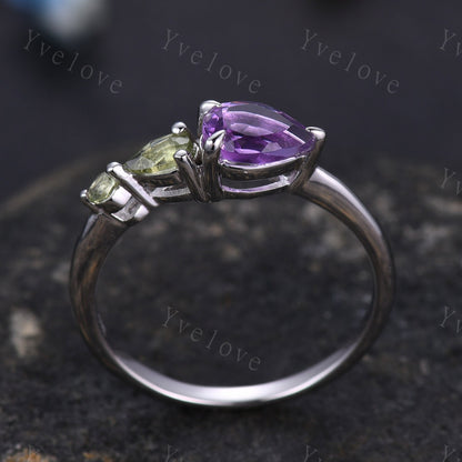 Vintage Amethyst Peridot Engagement Ring,Pear Cut Gems,Art Deco Peridot Wedding Band,3 Stone Unique Women Bridal Promise Ring,Customized