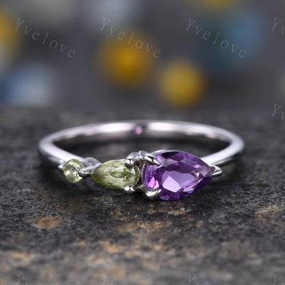 Vintage Amethyst Peridot Engagement Ring,Pear Cut Gems,Art Deco Peridot Wedding Band,3 Stone Unique Women Bridal Promise Ring,Customized