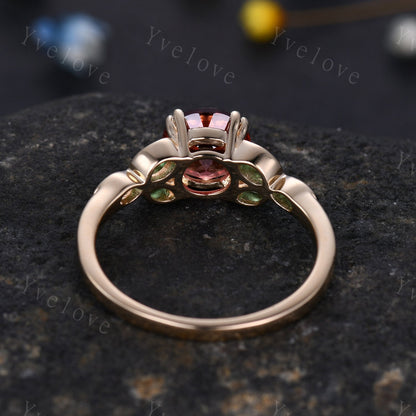 7mm round shaped Padparadscha sapphire engagement ring,Unique sapphire emerald ring,Marquise emerald,gold ring,Promise ring,Anniversary gift