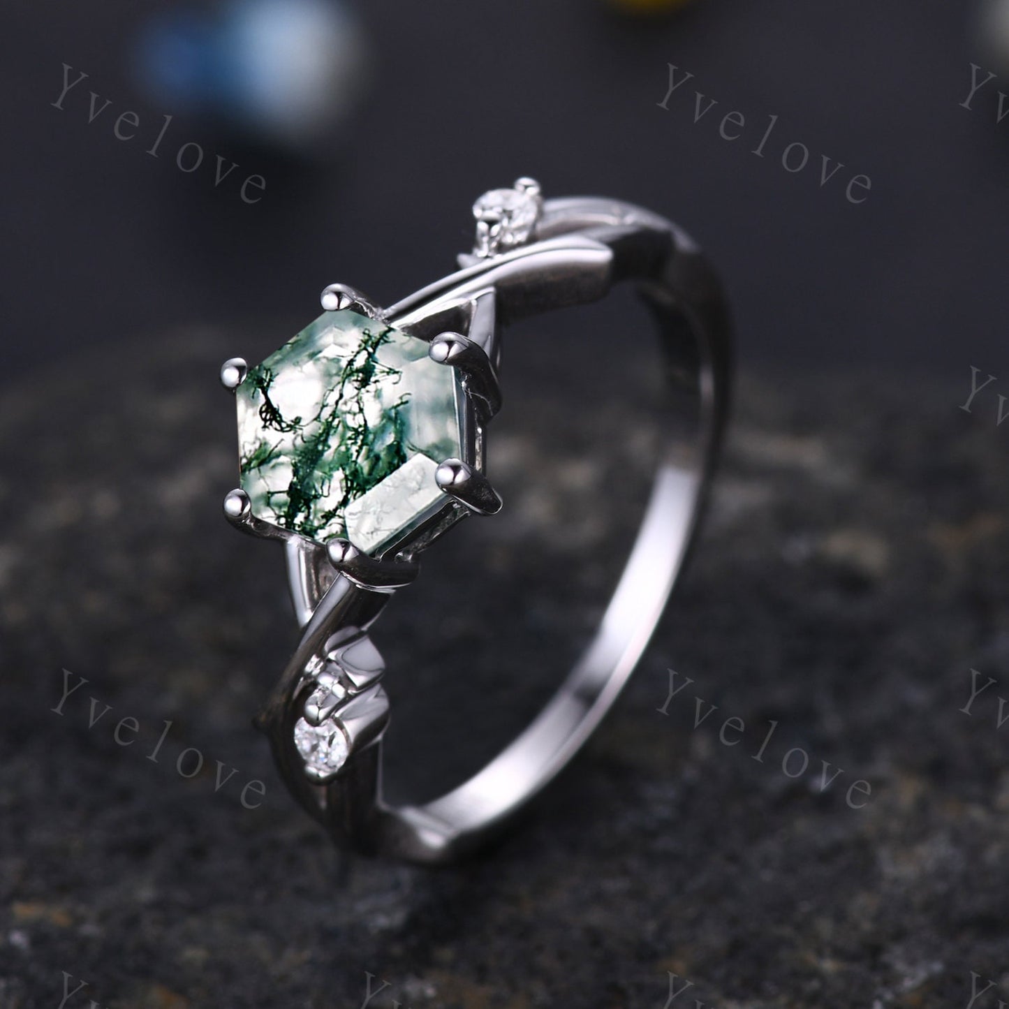 Unique Hexagon cut Moss Agate Engagement Ring,Vintage Branch Twig Diamond Ring,White Gold,Vine Ring,Women Promise Bridal Green Agate Ring