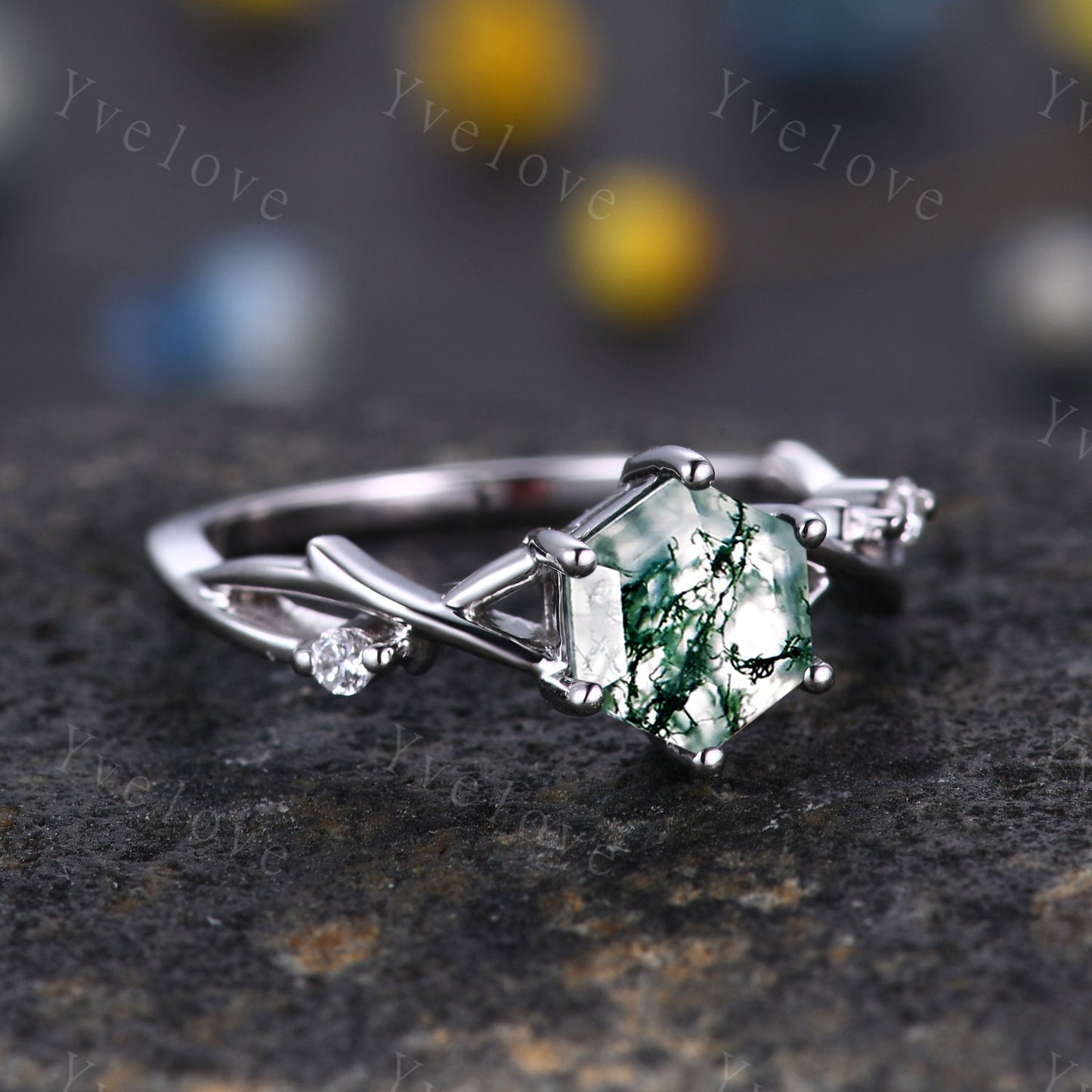 Unique Hexagon cut Moss Agate Engagement Ring,Vintage Branch Twig Diamond Ring,White Gold,Vine Ring,Women Promise Bridal Green Agate Ring