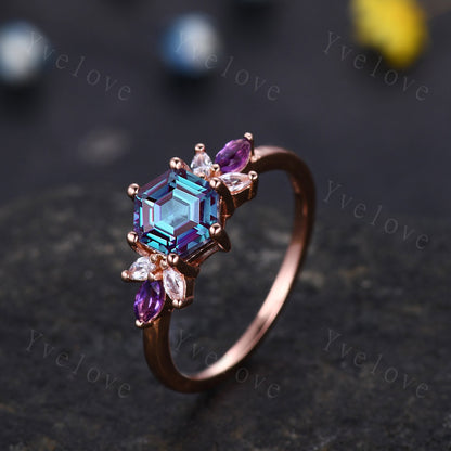 Vintage Hexagon Alexandrite Engagement Ring Set Rose Gold Women Moissanite Amethyst Gem Matching Band Promise Bridal Stacking Ring Set Gift