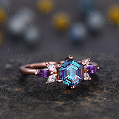 Vintage Hexagon Alexandrite Engagement Ring Set Rose Gold Women Moissanite Amethyst Gem Matching Band Promise Bridal Stacking Ring Set Gift