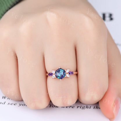 Vintage Hexagon Alexandrite Engagement Ring Set Rose Gold Women Moissanite Amethyst Gem Matching Band Promise Bridal Stacking Ring Set Gift