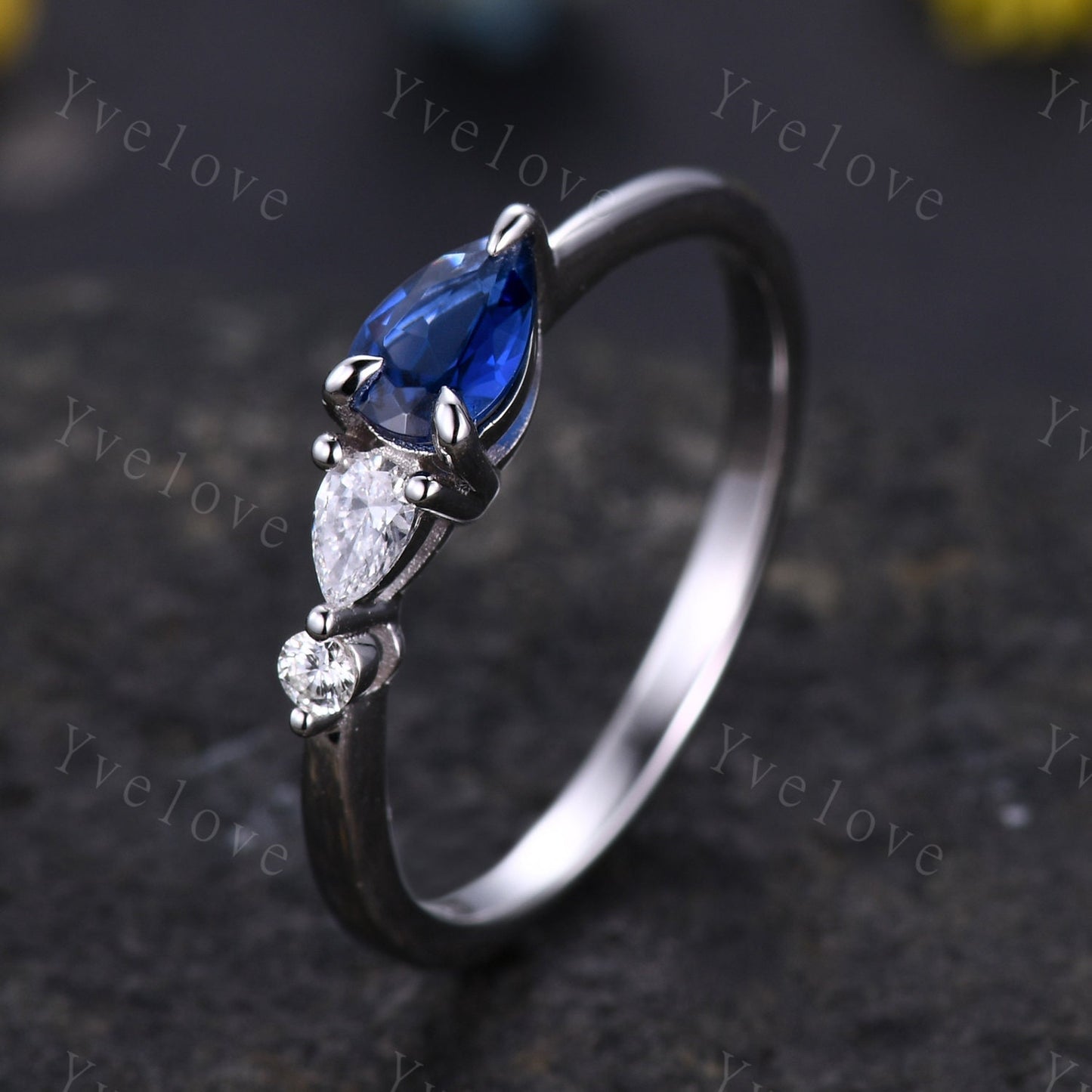 Vintage Sapphire Ring Engagement Ring,Pear Cut Gems,Art Deco Moissanite Wedding Band,3 Stone Unique Women Bridal Promise Ring,14k White gold