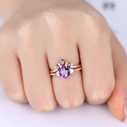 Unique Hexagon Cut Amethyst Engagement Ring,Vingate Purple Bridal Ring Set,Three Stone Stacking Band,Women Anniversary Birthday Gift for Her