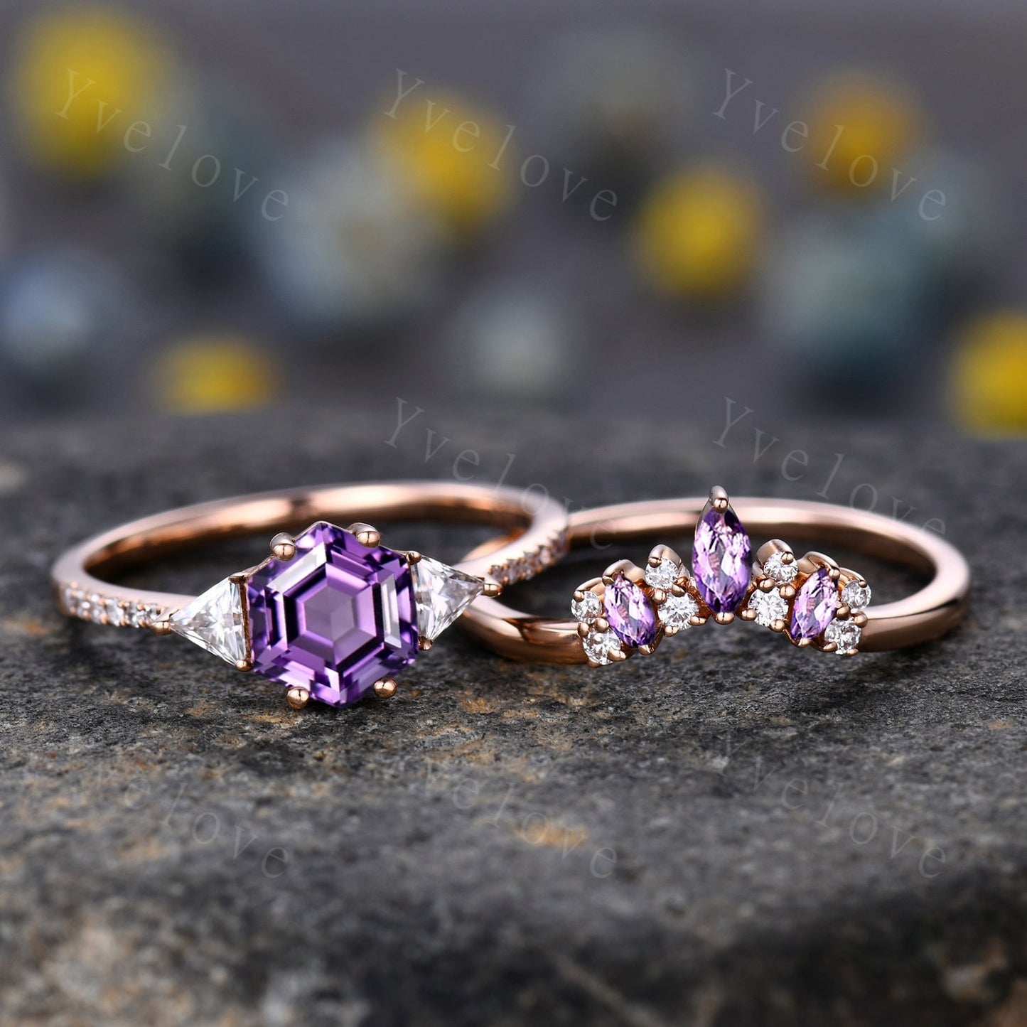 Unique Hexagon Cut Amethyst Engagement Ring,Vingate Purple Bridal Ring Set,Three Stone Stacking Band,Women Anniversary Birthday Gift for Her