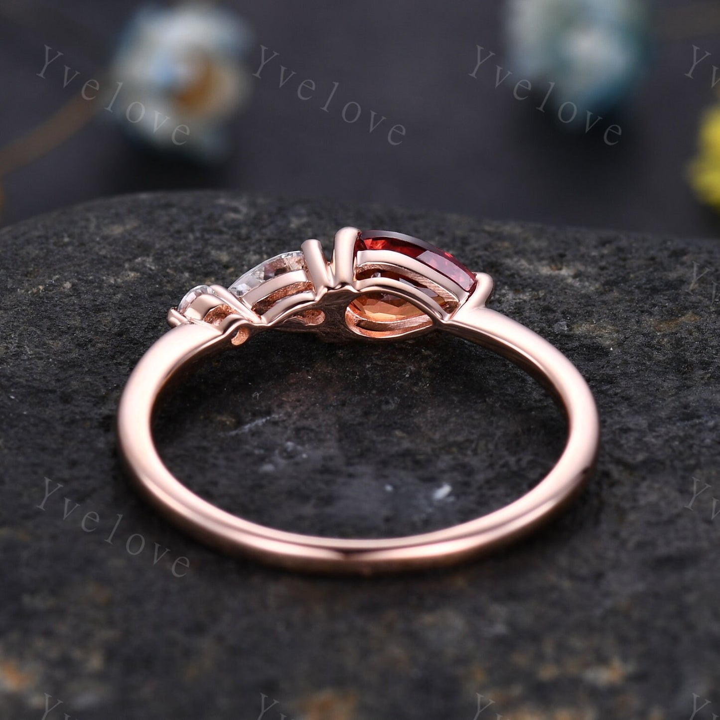 Vintage Papalacha Sapphire Engagement Ring,Pear Cut Gems,Art Deco Moissanite Wedding Band,3 Stone Unique Women Bridal Promise Ring,Rose gold