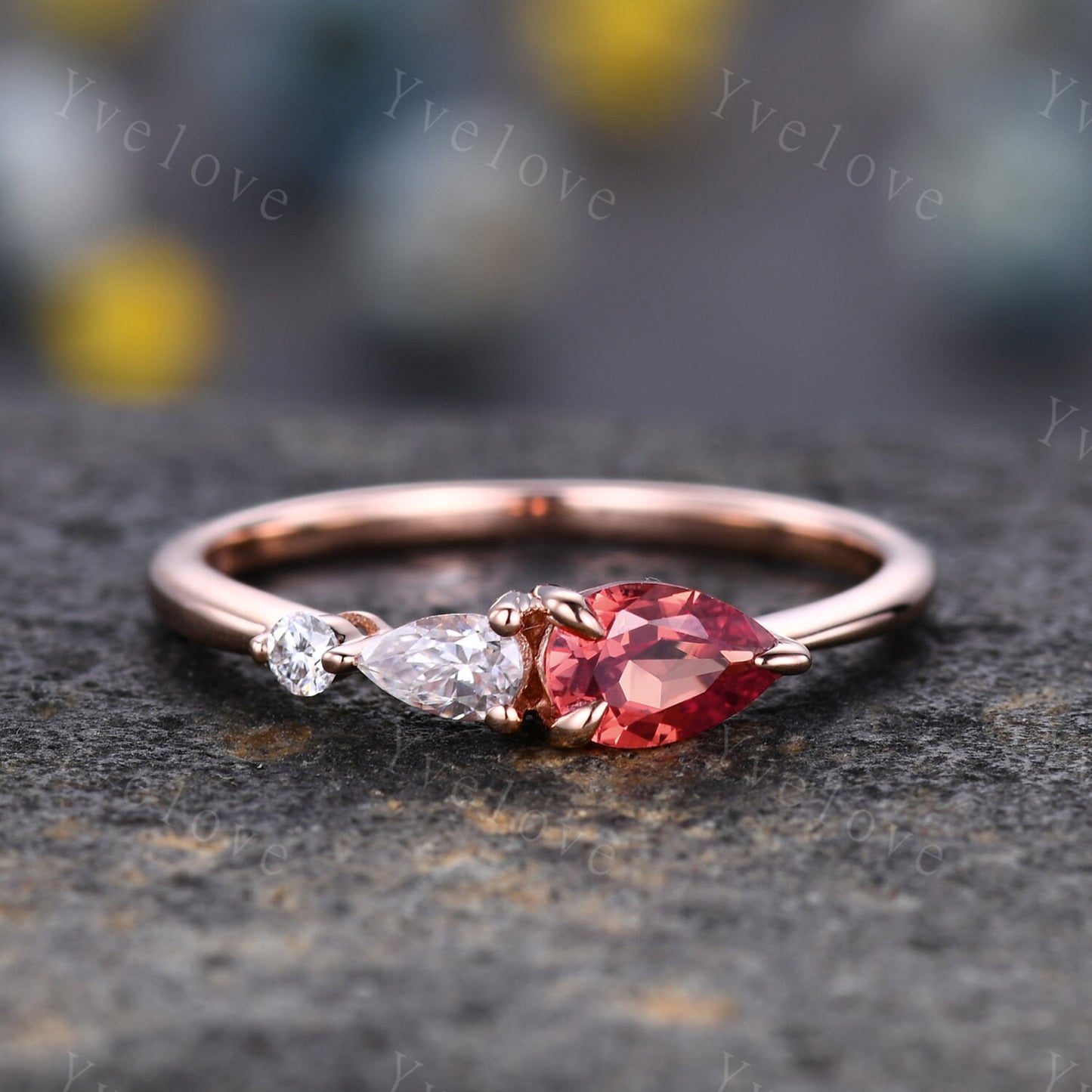 Vintage Papalacha Sapphire Engagement Ring,Pear Cut Gems,Art Deco Moissanite Wedding Band,3 Stone Unique Women Bridal Promise Ring,Rose gold