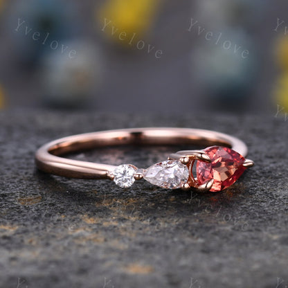 Vintage Papalacha Sapphire Engagement Ring,Pear Cut Gems,Art Deco Moissanite Wedding Band,3 Stone Unique Women Bridal Promise Ring,Rose gold