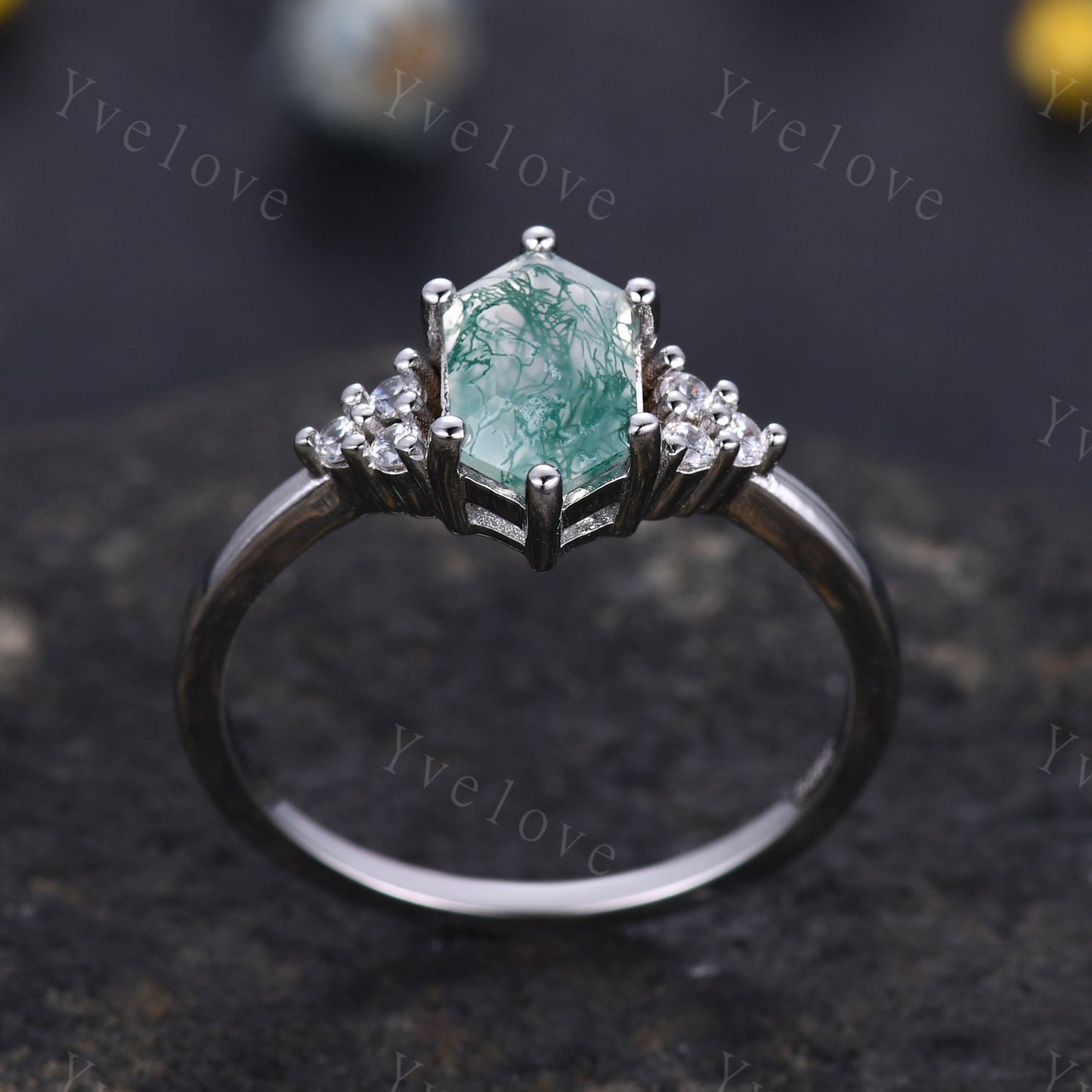 Retro Long hexagon Moss Agate Ring,Vintage Platinum Ring,Unique Agate Engagement Ring,Twig Diamond Promise Ring,Anniversary Ring Gift To Her