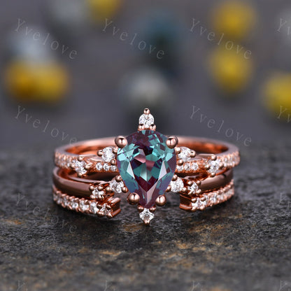 3PC Vintage Alexandrite engagement ring,Alexandrite ring set,moissanite ring,art deco open gap band promise unique anniversary ring,silver