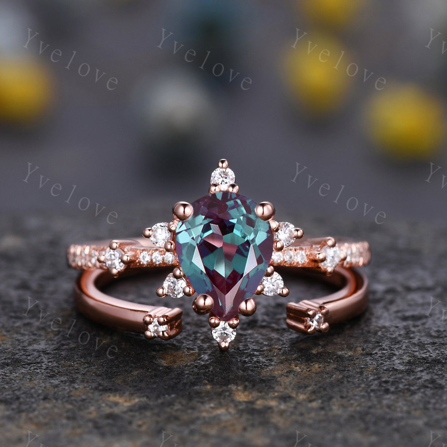 3PC Vintage Alexandrite engagement ring,Alexandrite ring set,moissanite ring,art deco open gap band promise unique anniversary ring,silver